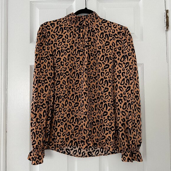 Tucker Silk Blend Tan & Black Keyhole Leopard Print Long Sleeve Top Size XS - Picture 1 of 8